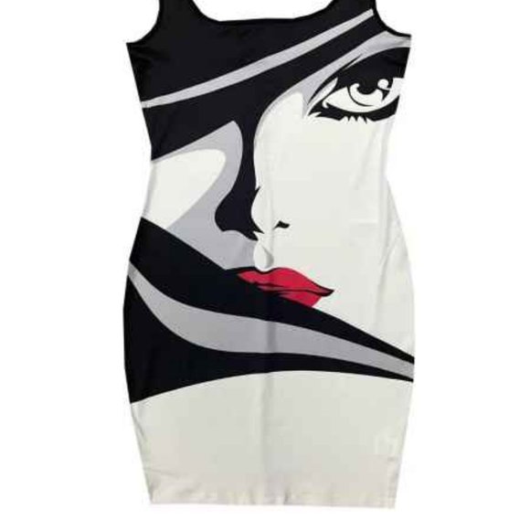 Sexy Sleeveless Bodycon Dress Size Large 8/10 Face Print Pattern Black & White - Picture 4 of 6
